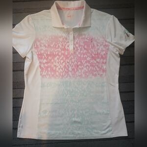 NWOT Puma Women's White Teal Pink Button Down Collar Sport Shirt Sz. L